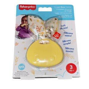 Silicone Bunny Teether in Yellow and White textured ribbon